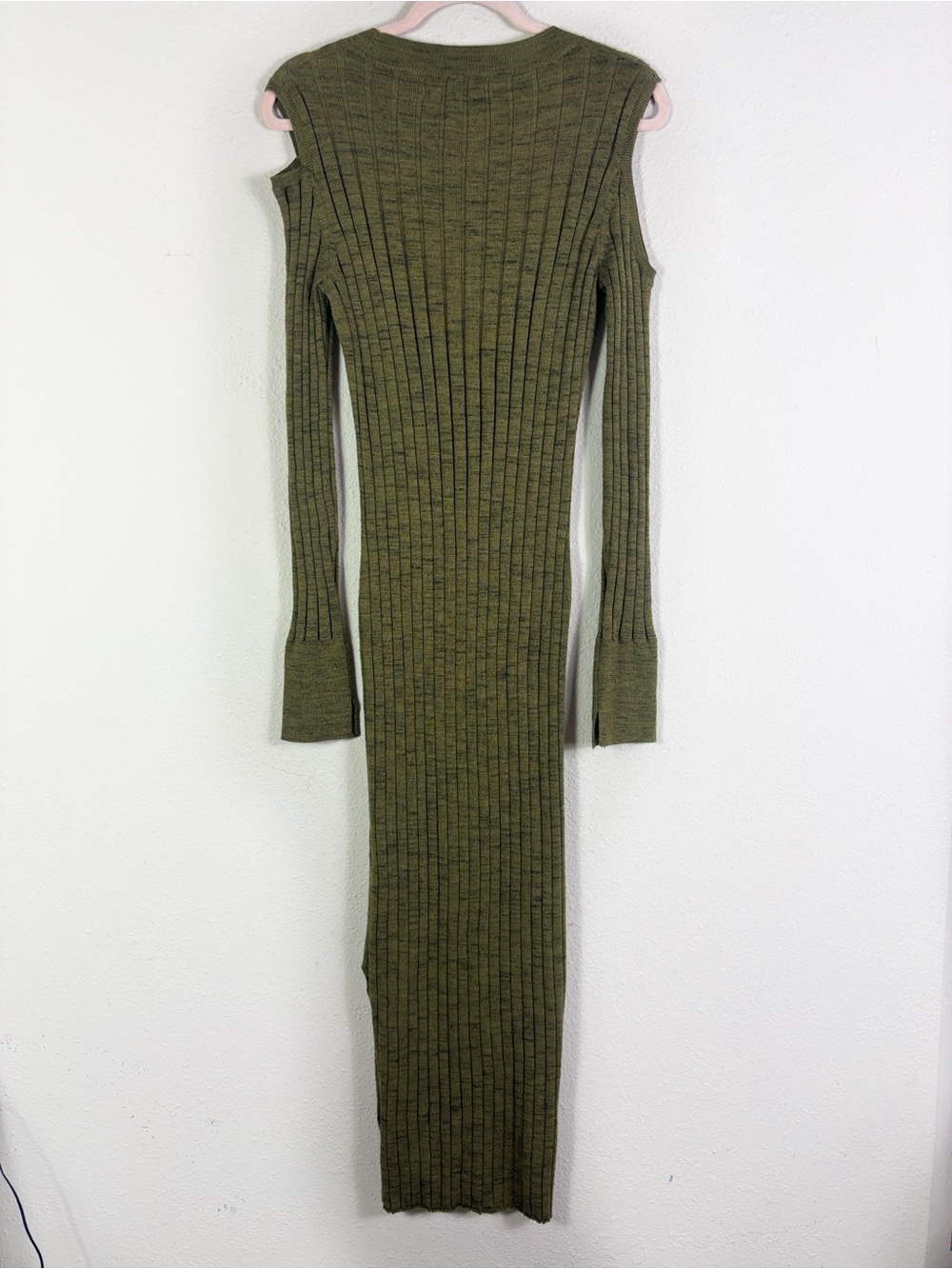 AllSaints Daina Cold Shoulder 100% Merino Wool Sweater Dress Olive Green Sz L - Picture 6 of 11